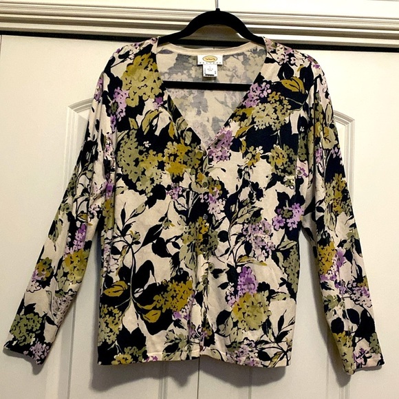 Talbots Wisteria Silk blend Cardigan Womens LP floral Navy Purple V neck office - Picture 1 of 6